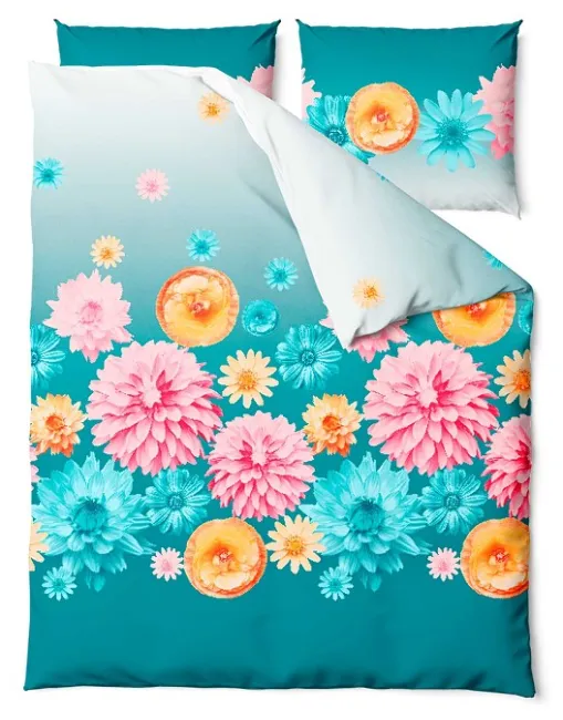 Pościel satynowa 160x200 Blossom turkusowa kolorowe kwiaty Satin Home 1