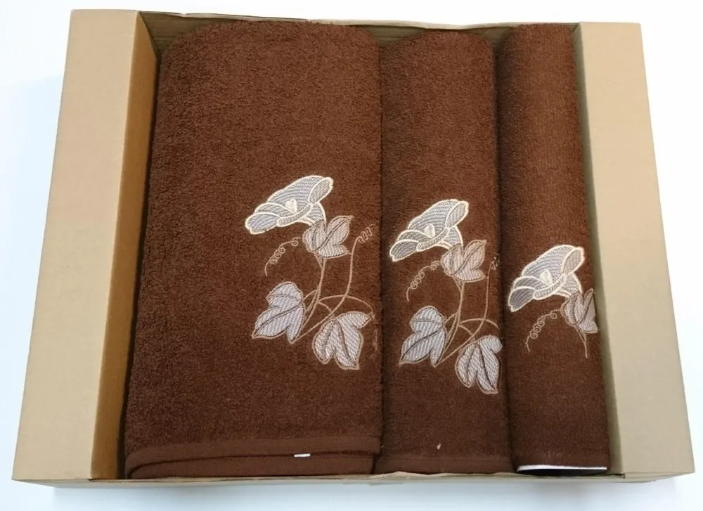 Komplet ręczników Wenus 3 szt brązowy z haftem kwiat nasturcji 30x50 50x100 70x140