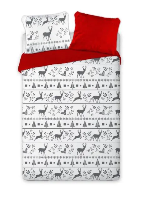 Pościel bawełniana 200x220 Nordic 004 Świąteczna dwustronna biała czerwona szare jelenie choinki gwiazda betlejemska 2467 Faro