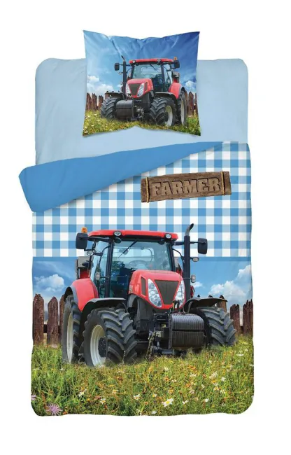 Pościel bawełniana 160x200 Traktor czerwony Farmer farma pole niebieska krata 3155A