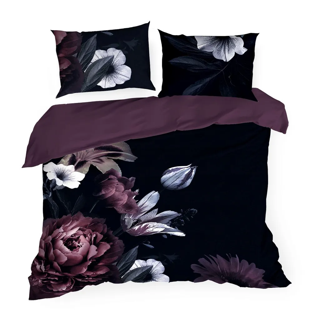 Pościel ekskluzywana 160x200 Zoja 03 kwiaty czarna fioletowa z naturalnej tkaniny z włóknem TENCEL o jedwabistym dotyku Eurofirany