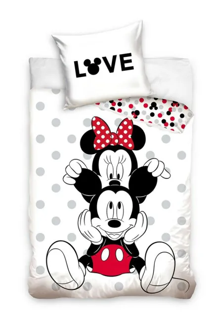 Pościel bawełniana 160x200 Myszka Minni Miki Minnie Mickey Mouse Love grochy groszki biała szara 0341
