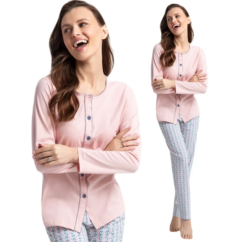 Piżama damska długa 599 różowa niebieska  geometryczna rozmiar: L rozpinana