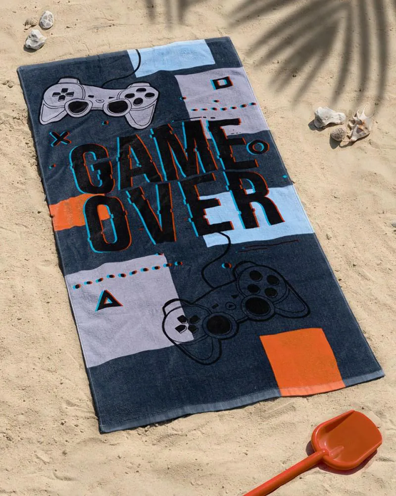Ręcznik plażowy 70x140 Game Over gra szary różowy niebieski Design 40 3861 bawełniany dziecięcy