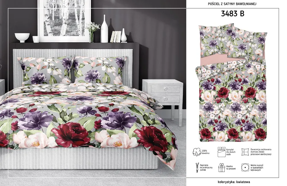 Pościel satynowa 160x200 3483 B szara fioletowa bordowa w pudełku Kwiaty malowane Fashion Satin satyna bawełniana