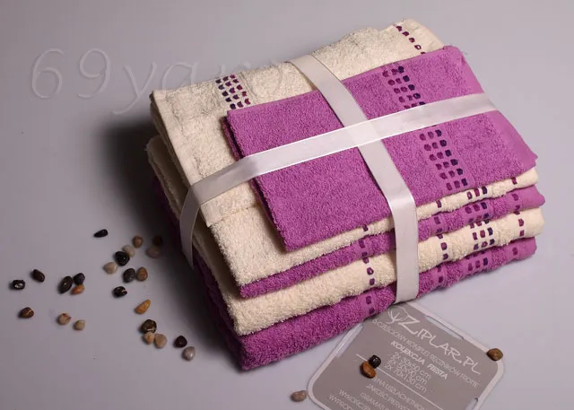 Komplet ręczników w pudełku 6 szt Viana Castelo z haftem kremowy fioletowy kreski-zdjęcie poglądowe, dotyczy kolorystyki produktu