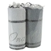 Komplet ręczników z haftem On Ona 2szt 50x90 T/0262 biały szary zestaw upominkowy dla Pary na prezent Eurofirany