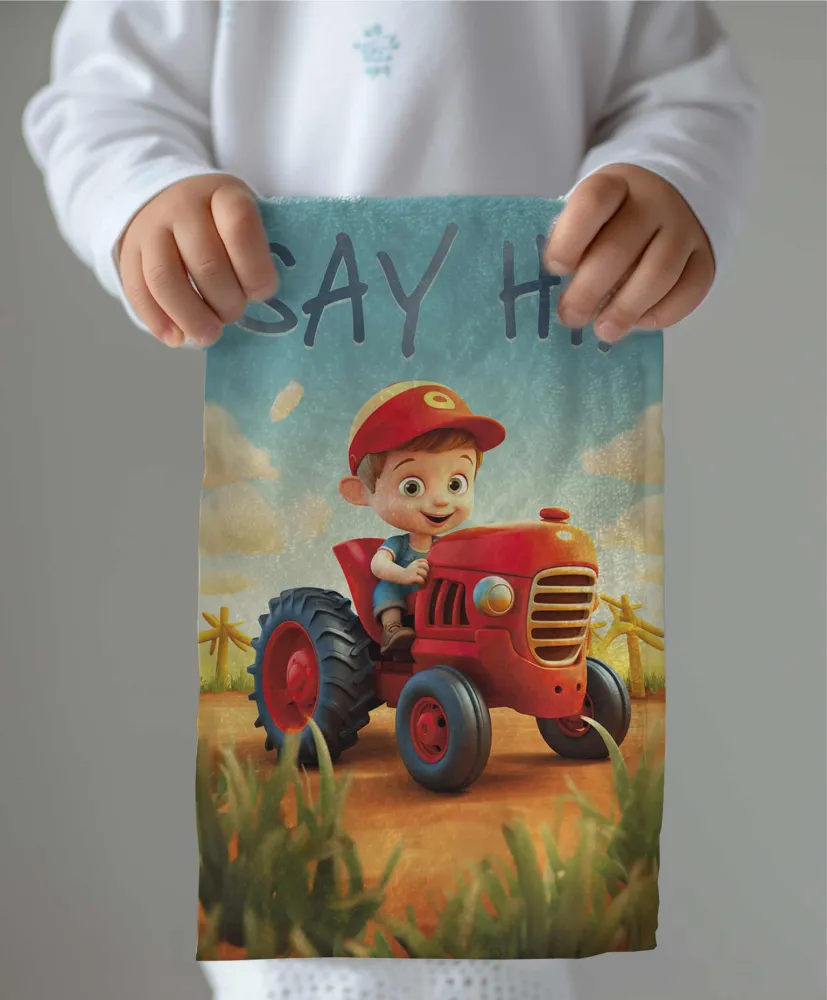 Ręczniczek do przedszkola 30x50  Traktorek czerwony kolorowy dziecięcy bawełniany 17T