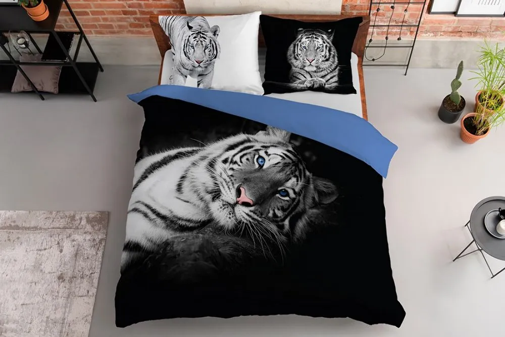 Pościel bawełniana 220x200 3814 A Tygrys czarna niebieska biała młodzieżowa Tygrysy tiger Holland Natura 2