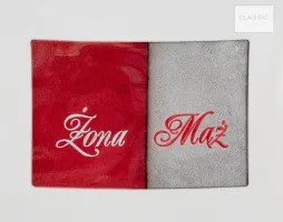 Komplet ręczników w pudełku 2 szt 70x140 Mąż Żona popielaty czerwony 360g/m2 Eurofirany