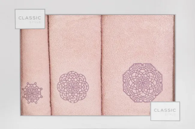 Komplet ręczników w pudełku 3 szt pudrowy liliowy Mandala 380g/m2 Eurofirany
