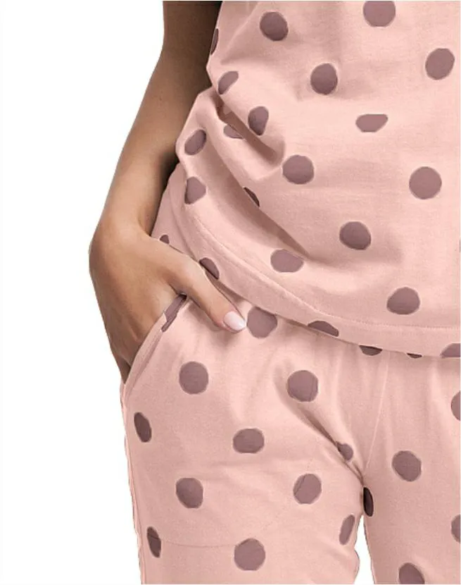 Piżama damska 496 morelowa grochy XL krótki rękaw spodnie 7/8 bawełniana