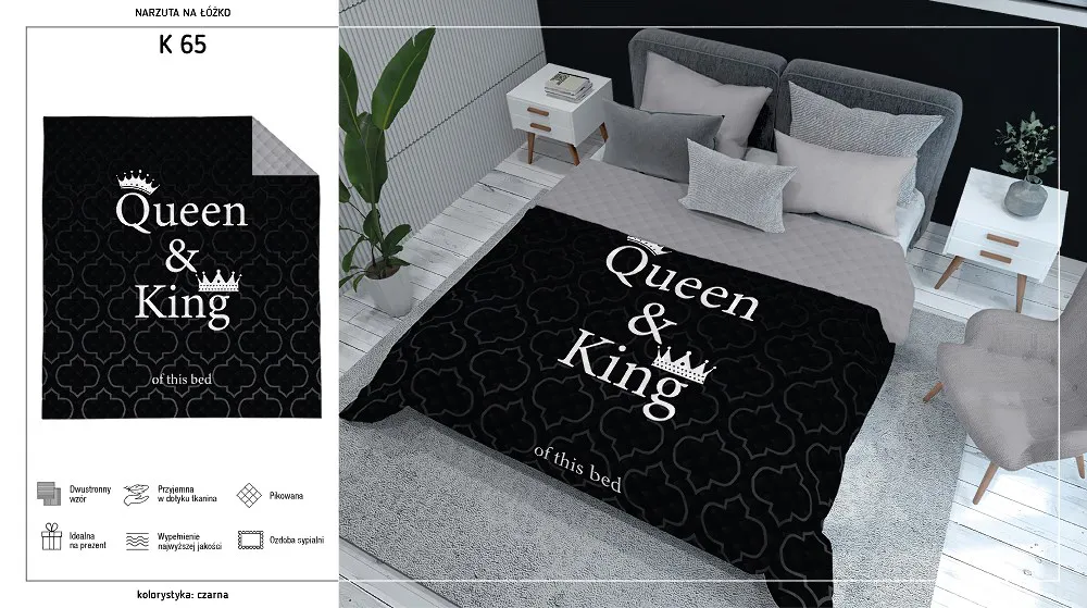 Narzuta dekoracyjna 220x240 Queen&King czarna biała szara K_65 112 Bedspread