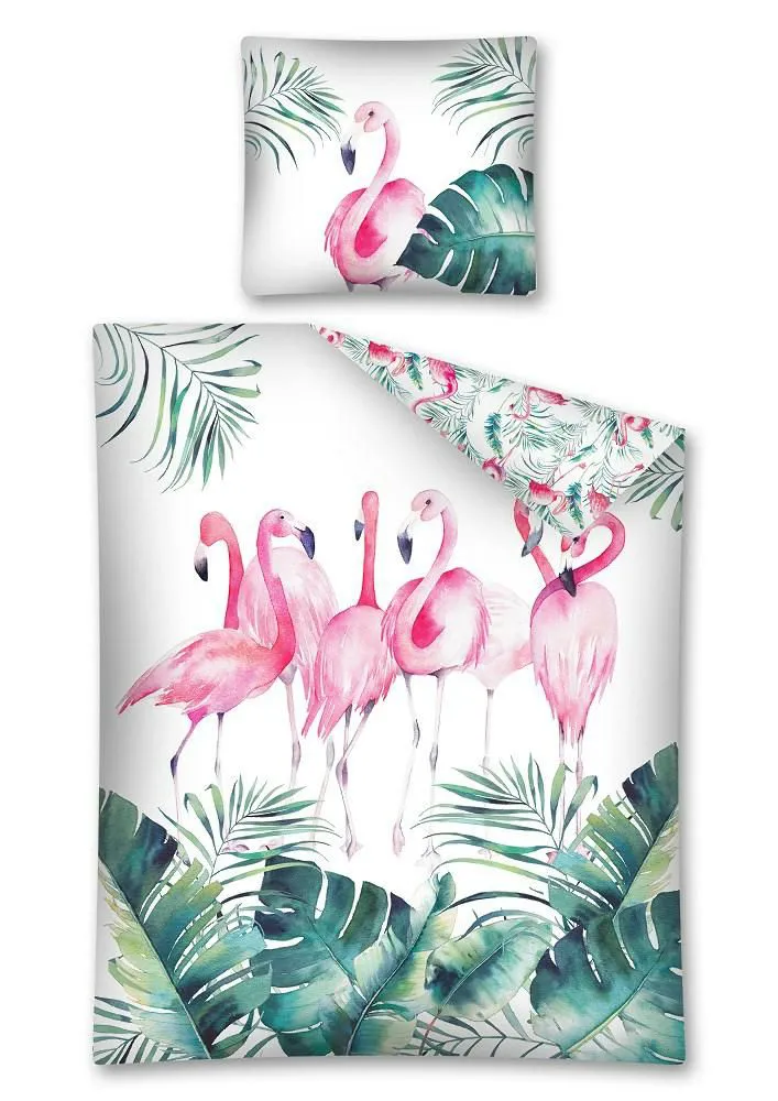 Pościel bawełniana 160x200 Flamingi liście monstery 7800 biała zielona różówa 2915 A