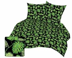 Pościel z kory 200x220 178b czarna liście zielone gałązki palmy na guziki bawełna
