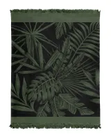 Koc bawełniany akrylowy 150x200 zielony czarny liście monstery z frędzlami 072 JB na łóżko turecki 123