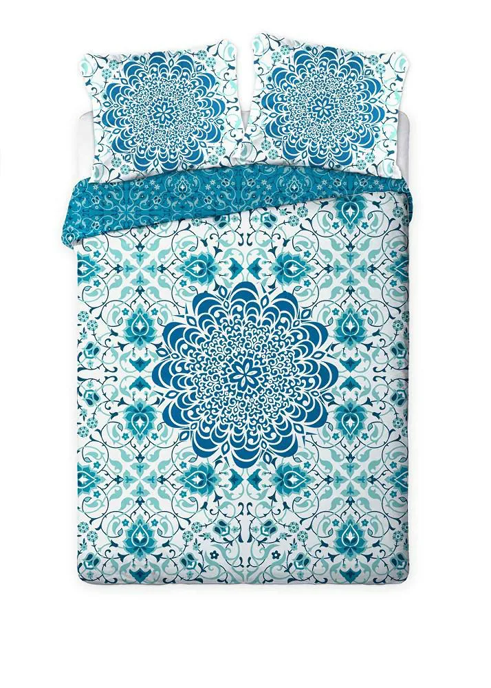 Pościel bawełniana 160x200 kwiaty lotosu ornamenty biała niebieska 1378 Morocco 003