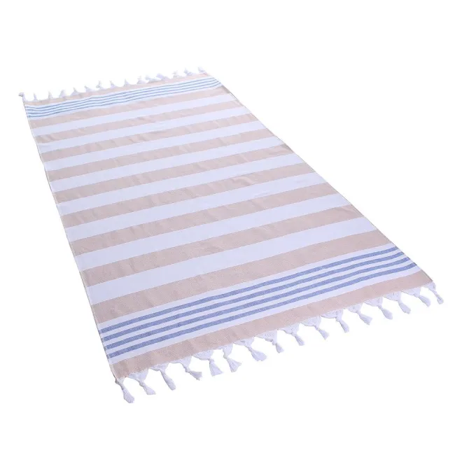 Ręcznik plażowy 90x170 Santorini 0715 Sand paski piaskowe białe niebieskie frędzelki