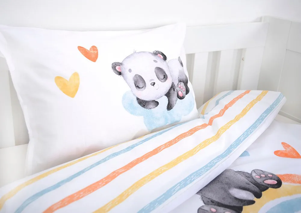 Pościel bawełniana 100x135 Tęczowa panda  biała kolorowa dziecięca do łóżeczka H23