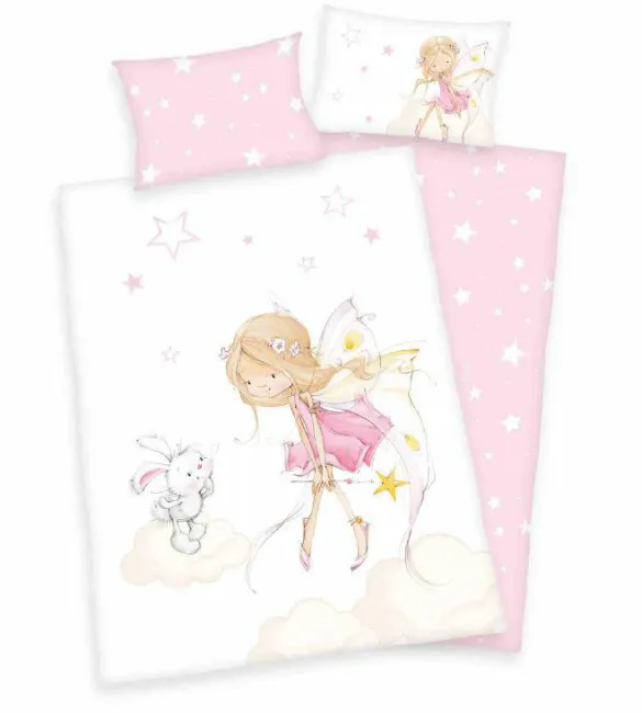 Pościel bawełniana 100x135 Wróżka Little  Fairy biała różówa dziecięca do łóżeczka H23