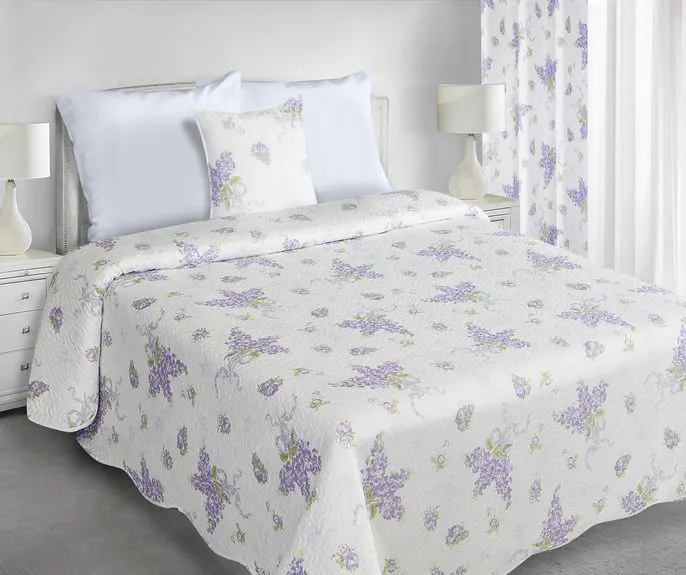 Narzuta na łóżko 220x240 Arden kwiaty biała fioletowa Eurofirany