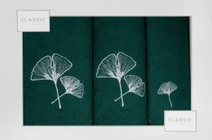 Komplet ręczników w pudełku 3 szt zielony ciemny srebrny liście miłorzębu Biloba 380g/m2 Eurofirany