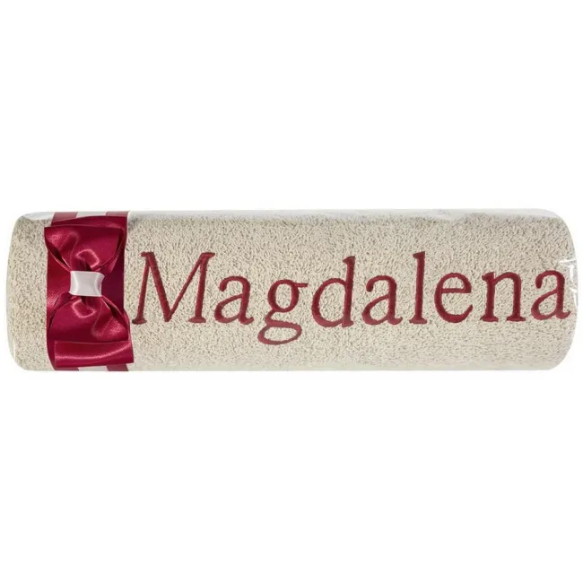 Ręcznik z haftem 50x90 Magdalena beżowy bordowa kokarda na prezent imieninowy