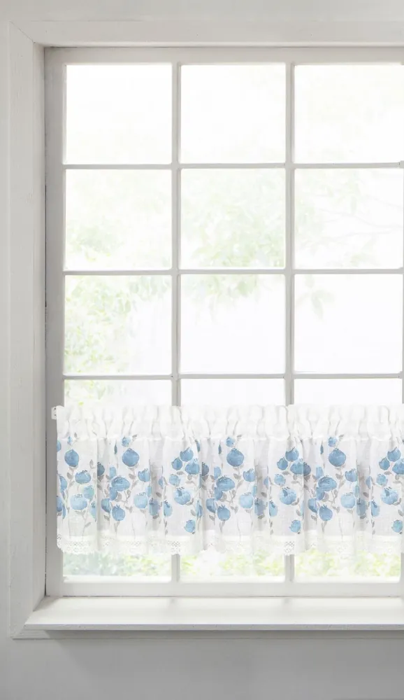 Zazdroska 30x150 Pola biała niebieska wzór kwiatowy gotowa na tunel wzór kwiatowy z matowej tkaniny z koronką Eurofirany