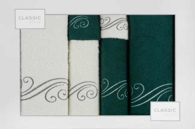Komplet ręczników w pudełku 6 szt Aqua kremowy zielony ciemny ornamenty 380g/m2 Eurofirany