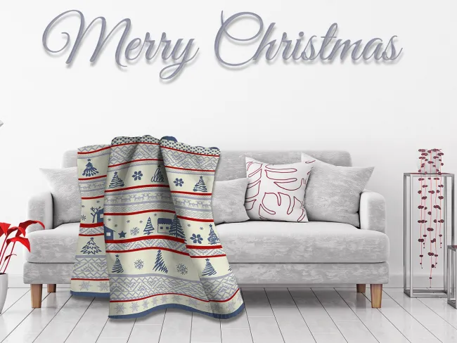 Koc bawełniany akrylowy 150x200 18100 A świąteczny Merry Christmas choinki domki śnieżki szary kremowy czerwony