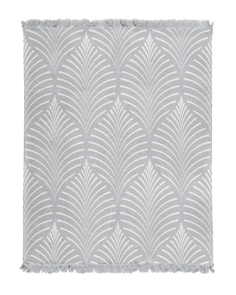 Koc bawełniany akrylowy 150x200 szary     wzór liści z frędzlami 114ajb
