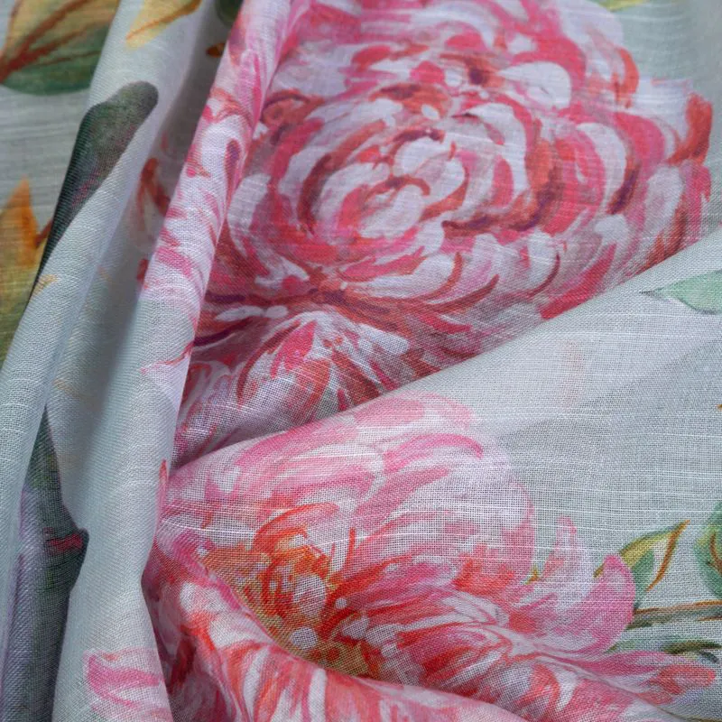 Zasłona 140x250 Nydia miętowa różowa z kwiatowym nadrukiem z lekkiej półtransparentnej tkaniny etaminy gotowa na przelotkach Eurofirany