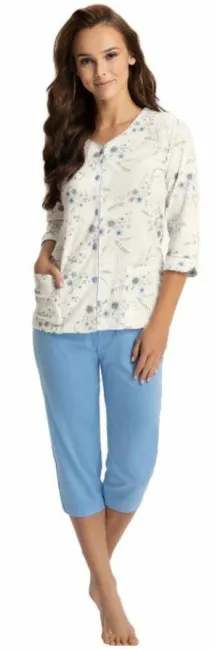 Piżama damska 638 niebieska kwiatowa 4XL rękaw 3/4 spodnie 3/4 rozpinana bawełniana