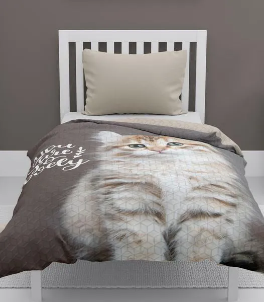 Narzuta młodzieżowa Holland 170x210 K 34 słodki Kot kotek beżowa brązowa dwustronna cat dekoracyjna na łóżko pikowana 1903