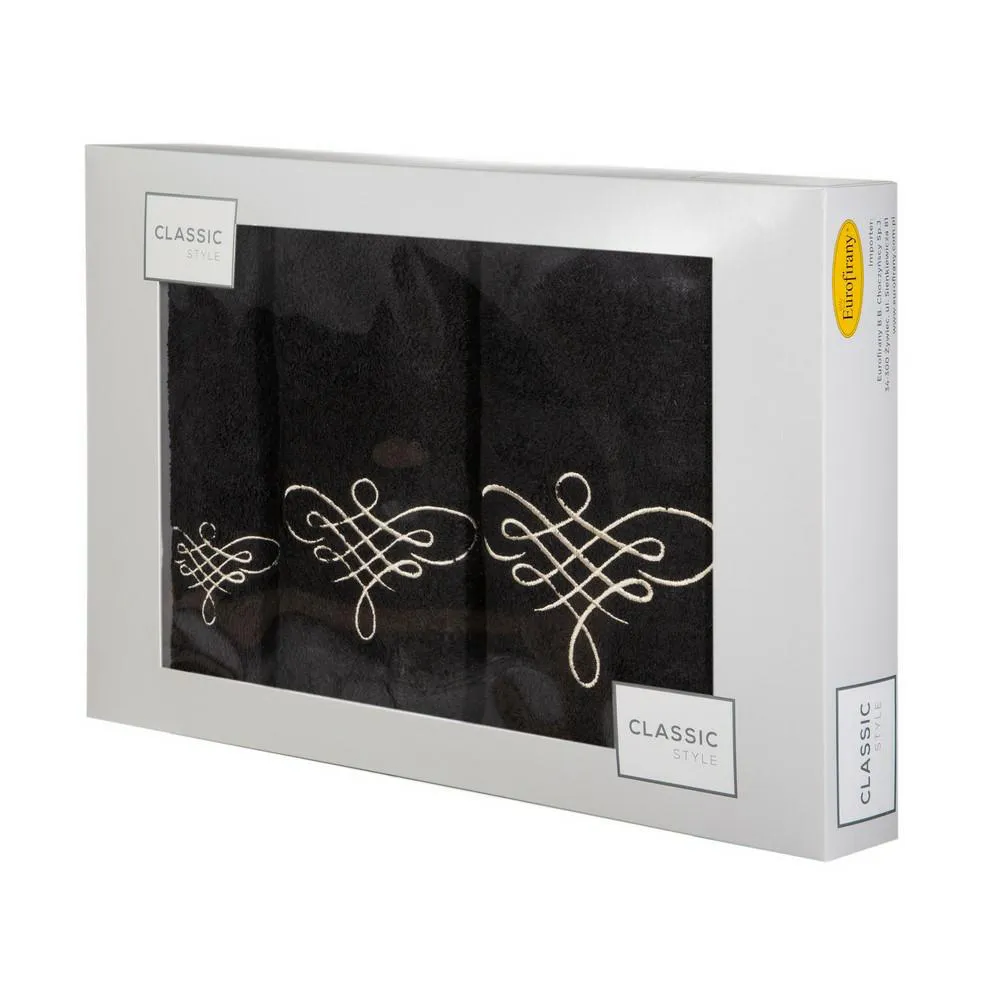 Komplet ręczników w pudełku 3 szt. czarny szampański Tattoo 380g/m2 Eurofirany
