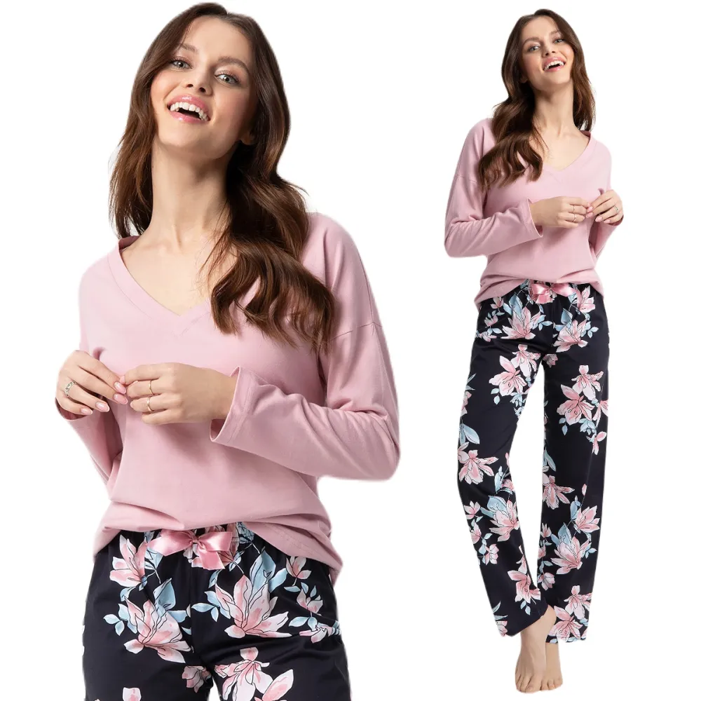 Piżama damska długa 614 różowa pudrowa    granatowa kwiaty rozmiar: 3XL