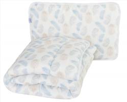 Kołdra 100x135 poduszka 40x60 drukowana piórka szary niebieski komplet do łóżeczka antyalergiczny dziecięcy