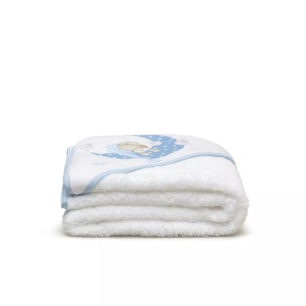 Okrycie kąpielowe 100x100 Miś biały  niebieski ręcznik z kapturkiem + przytulanka