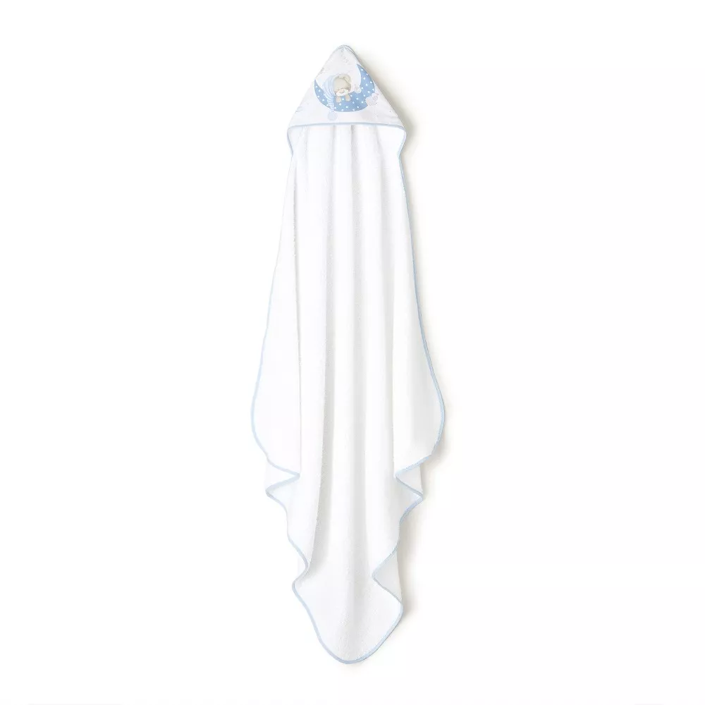 Okrycie kąpielowe 100x100 Miś biały  niebieski ręcznik z kapturkiem + przytulanka
