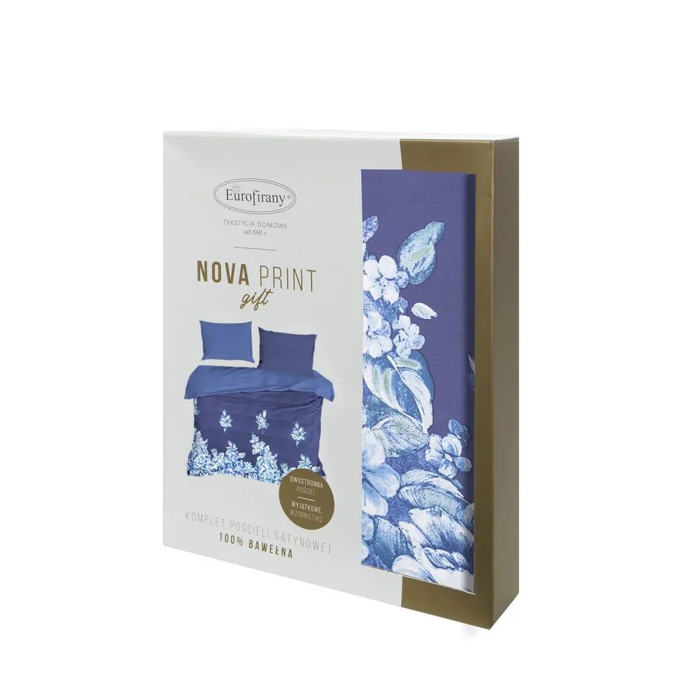 Pościel satynowa 220x200 kwiaty niebieska biała w pudełku Azurra Nova Print Gift Eurofirany