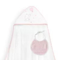 Okrycie kąpielowe 100x100 Słoń serduszko biały różowy ręcznik z kapturkiem + śliniaczek
