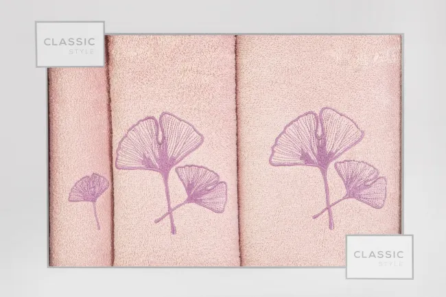 Komplet ręczników w pudełku 3 szt pudrowy lililowy liście miłorzębu 380g/m2 Biloba Eurofirany