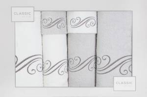 Komplet ręczników w pudełku 6 szt Aqua biały srebrny ornamenty 380g/m2 Eurofirany