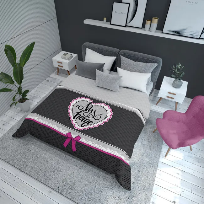 Narzuta dekoracyjna 220x240 Holland K02 My Home Mój dom czarna szara różowa kokarda serce dwustronna
