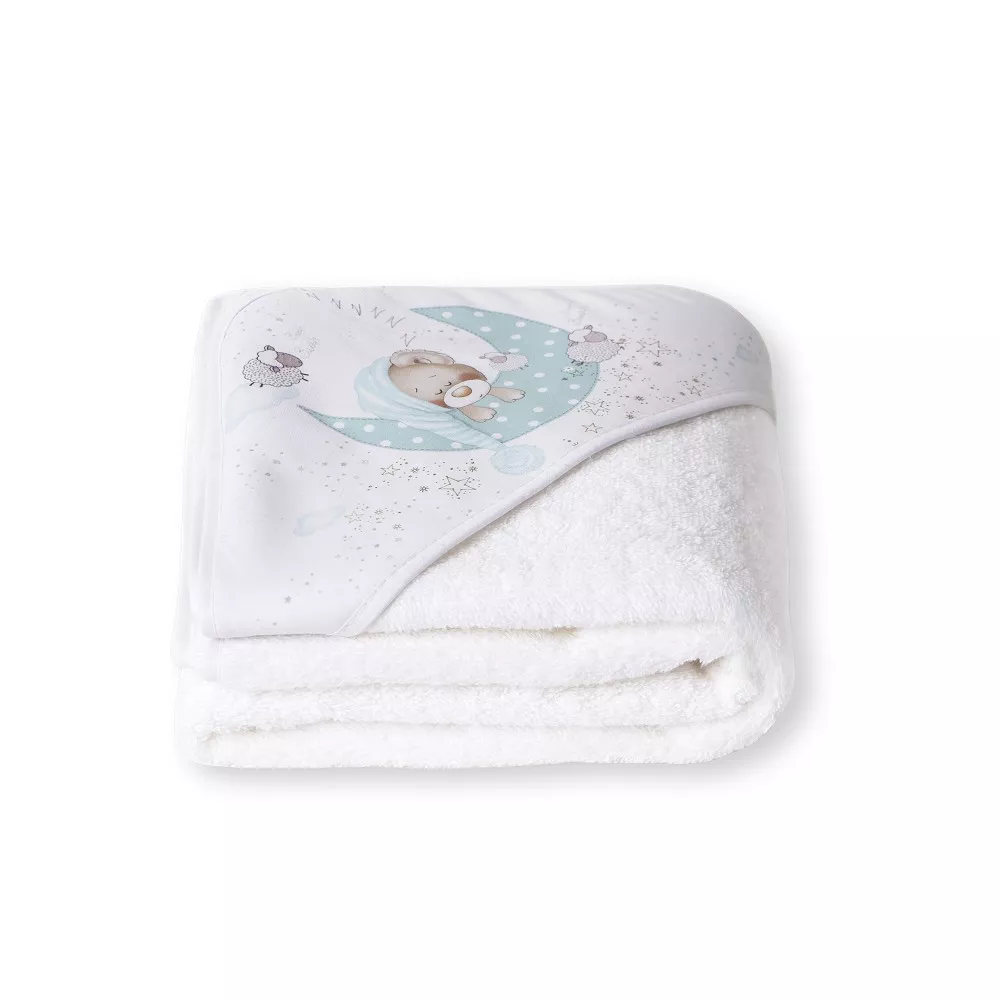 Okrycie kąpielowe 100x100 Miś 2 biały  miętowy ręcznik z kapturkiem
