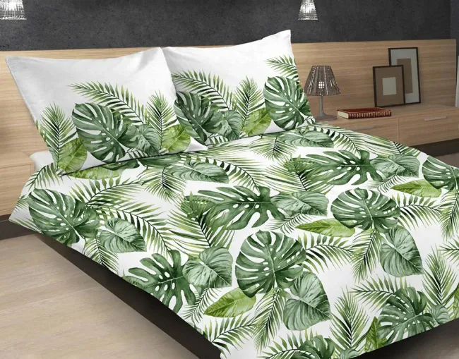 Pościel satynowa 220x200 16A Premium liście monstery palmy biała zielona