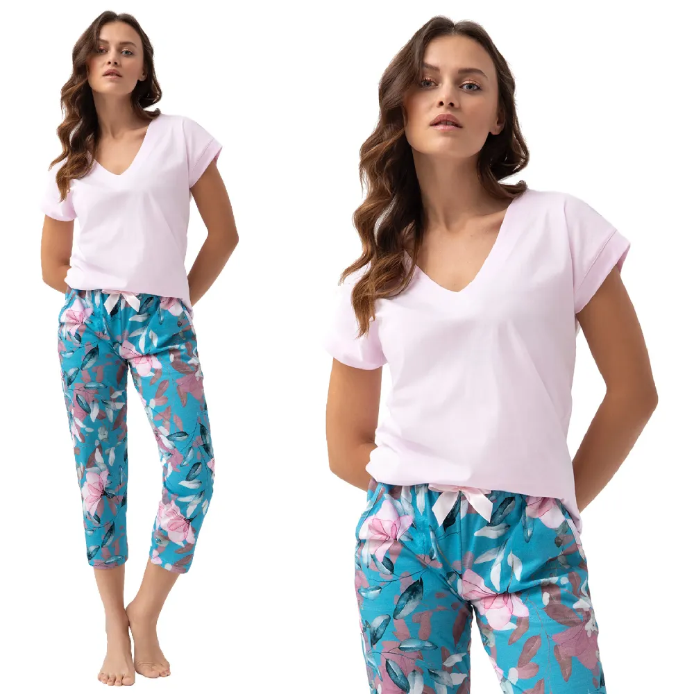 Piżama damska 637 różowa jasna turkusowa  rozmiar: XL krótki rękaw spodnie 3/4