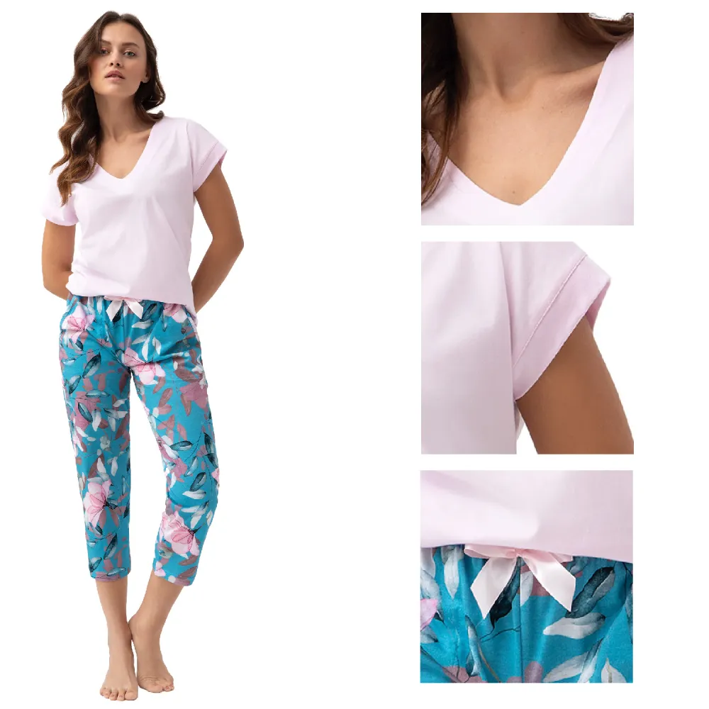 Piżama damska 637 różowa jasna turkusowa  rozmiar: XL krótki rękaw spodnie 3/4