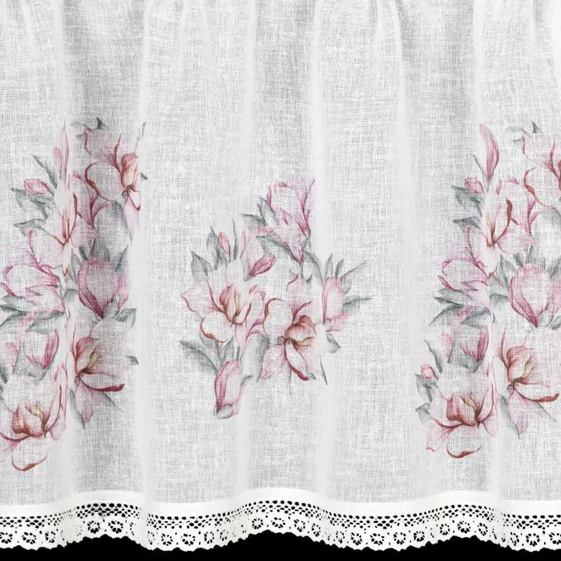 Zazdroska 60x150 Suzy biała różowa gotowa na tunel wzór kwiatowy z matowej tkaniny z koronką Eurofirany
