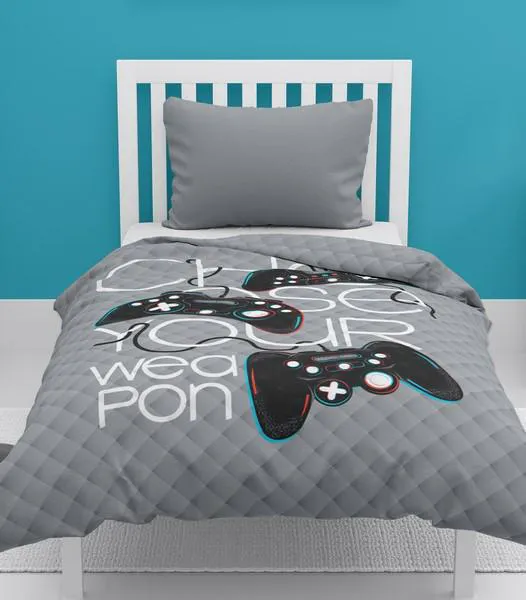 Narzuta młodzieżowa Holland 170x210 K 27 Gamer Over szara dla gracza pady konsola dwustronna gamingowa dla fana gier 1859 dekoracyjna na łóżko pikowana